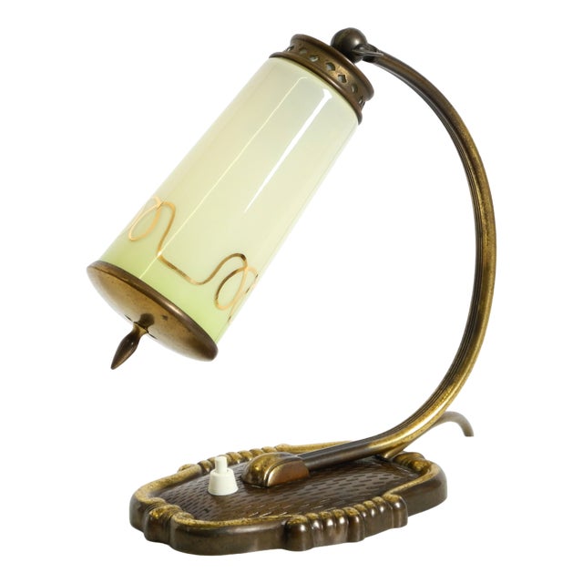 Brass Table Lamp with Glass Shade, 1940s For Sale