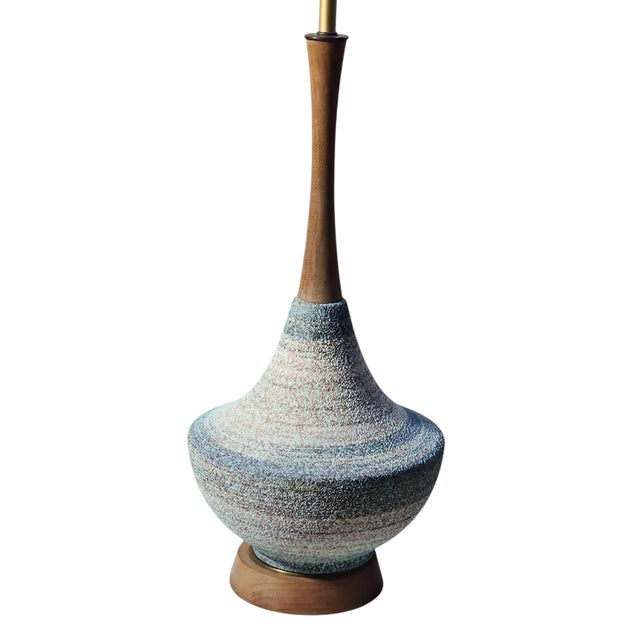 Mid-Century Modern Mid Century Modern Tall Danish Teak and Textured Ceramic Lamp With Shade For Sale - Image 3 of 7