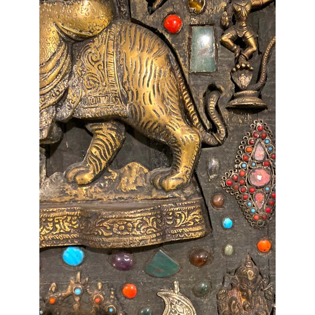 Early 20th Century Antique Nepalese Durga Hindu Shrine Brass Wood Stone Inlaid Wall Plaque C1900 For Sale - Image 5 of 16