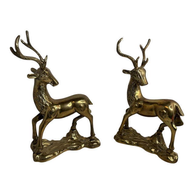 Vintage Grow & Cuttle Hollywood Regency Brass Stag Deer Figurines - A Pair For Sale