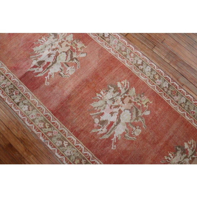 Contemporary Early 20th Century Melon Red Floral Turkish Ghiordes Runner - 3'5" x 12'7" For Sale - Image 3 of 6