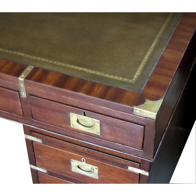 English Mahogany 9 Drawer Campaign Desk With Sage Leather Top