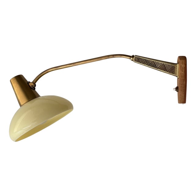 Mid-Century Wall Lamp in Brass, Oak & Glass by Bo Råman for Asea, Sweden, 1950s For Sale