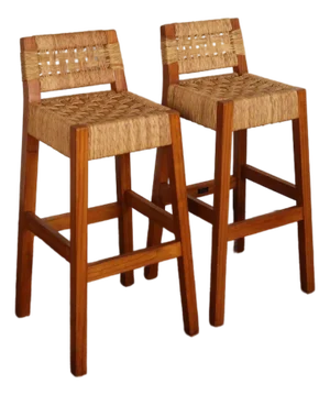 Pair of Vintage Mexican Modern Pine and Woven Palm Bar Stools by Muebles Austin