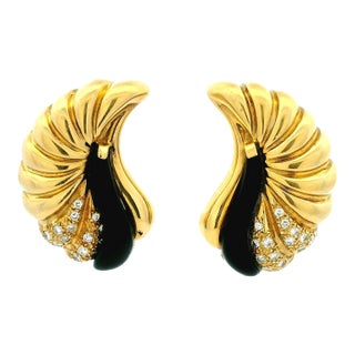 Vintage 18k Gold Diamond & Onyx Sculptural Clip Earrings, A Pair For Sale