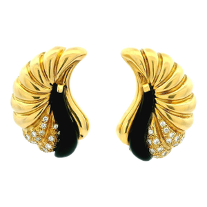 Vintage 18k Gold Diamond & Onyx Sculptural Clip Earrings, A Pair