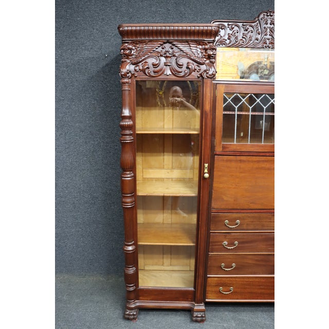 Late 20th Century Attributed r.j. Horner Mahogany Breakfront Bookcase Secretary With Winged Griffin Carvings For Sale - Image 5 of 18