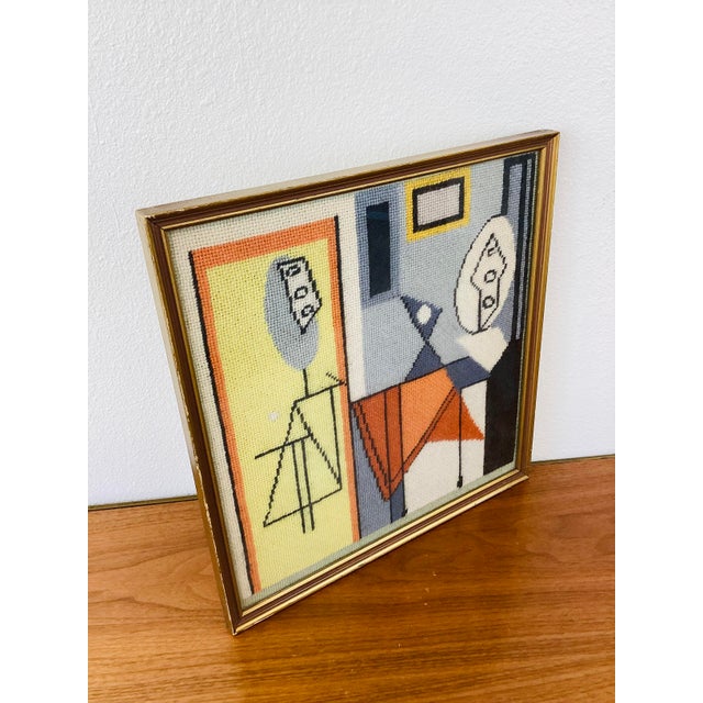 Vintage 1960s Picasso Style Mid Century Modern Abstract Framed Needlepoint Picture For Sale In Palm Springs - Image 6 of 6
