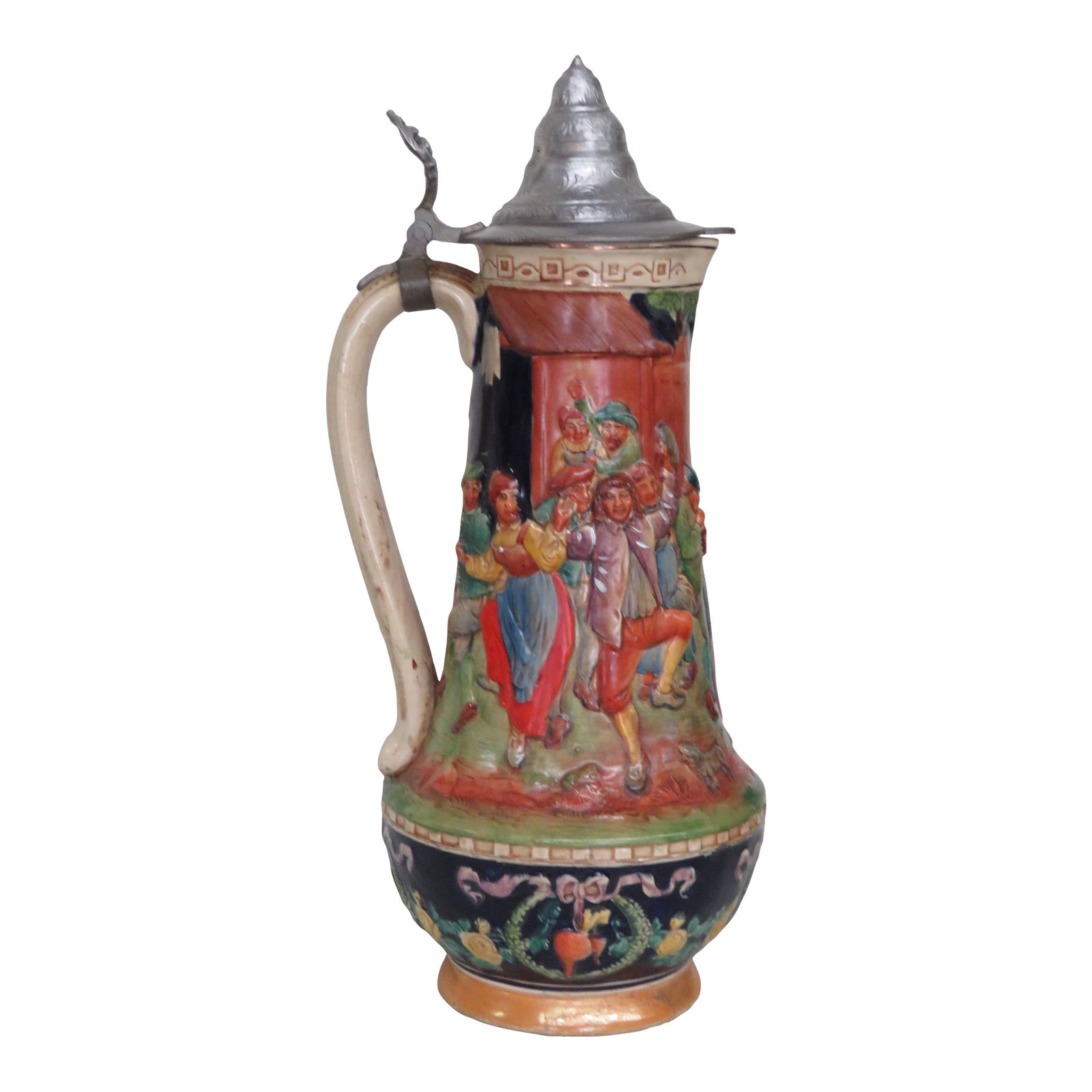 Gerz Germany Large Ceramic Pewter Lidded Beer Stein Dancing Figures