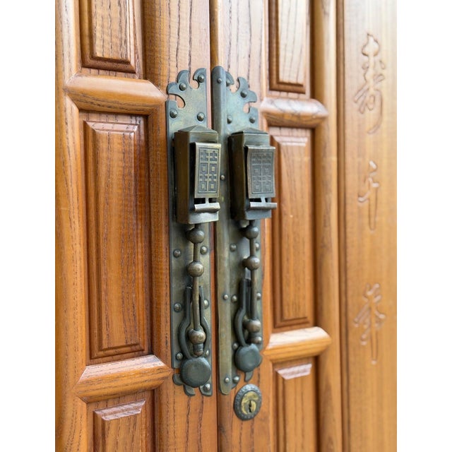 Vintage Chinese Elm Elmwood Wedding Cabinet Armoire Prosperity Cabinet Chinoiserie Wardrobe With Interior Hanging Rail For Sale - Image 4 of 12