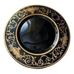 Antique Neoclassical Black Glass Charger With Hand-Applied Gilt Cornucopia Decoration,set of 10f