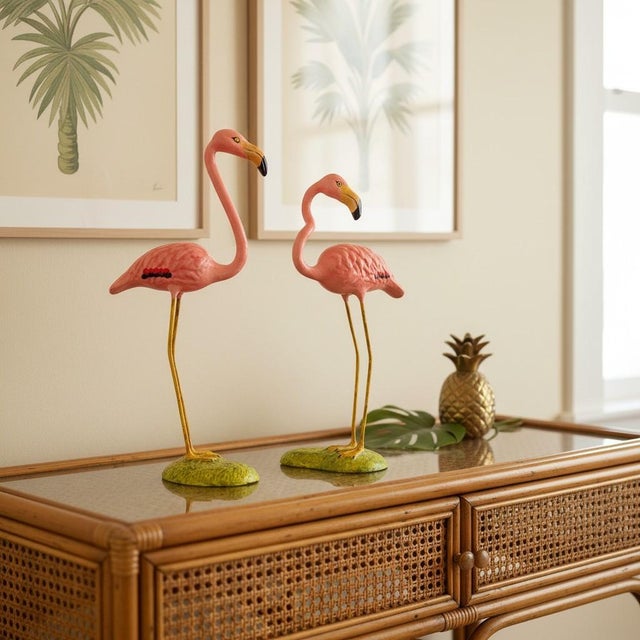 Vintage pair of hand-painted Mexican papier-mâché flamingos, likely Tonalá, Jalisco, circa 1960s–70s. Tonalá developed a...
