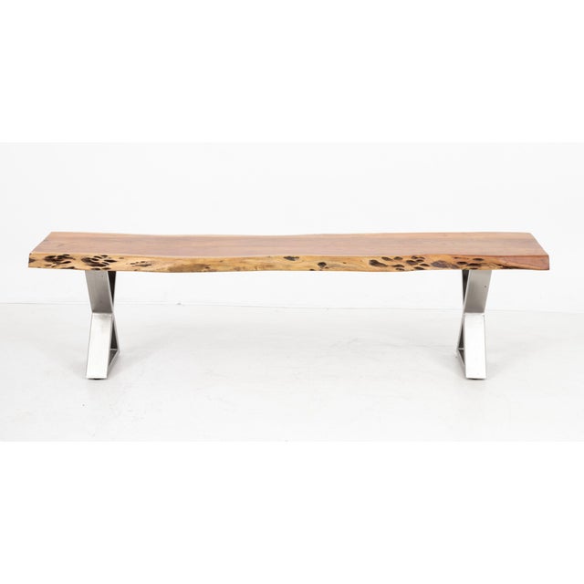 Live Edge Wood Bench with X-Shaped Metal Legs. 18" H x 70.25" W x 17" D. Provenance: From an East Village Estate.