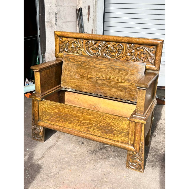 Wood Antique William Morris Style English Arts & Crafts Movement Oak Carved High Back Monk's Bench For Sale - Image 7 of 11