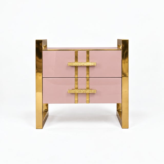 Blush Pink Two-Drawer Bedside Tables with Raised Brass Frames from Justfurnituress SRL, Set of 2 For Sale - Image 4 of 10