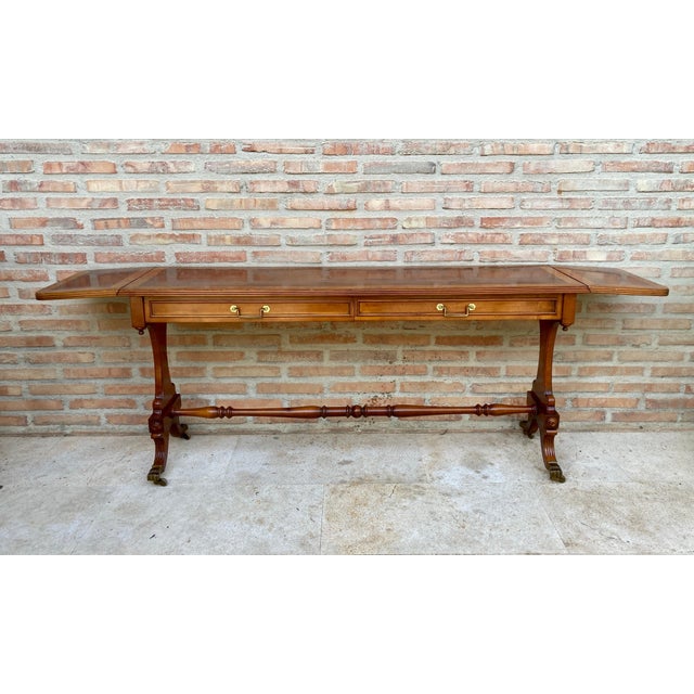 Mid 20th Century Winged Console Table in Walnut with Claw Feet in Bronze with Drawers and Wheels For Sale - Image 17 of 18