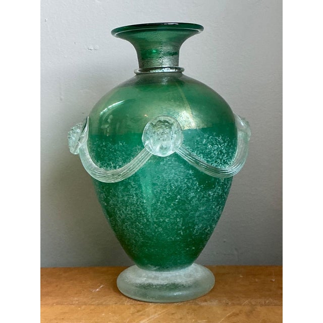 Art Nouveau Vintage Green Art Glass Vase With Relief Faces For Sale - Image 3 of 12