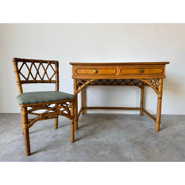 Vintage Coastal Ficks Reed Faux Bamboo Rattan Desk With Chair For Sale - Image 9 of 12