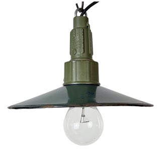 Industrial Petrol Enamel Military Pendant Lamp with Cast Aluminium Top, 1960s For Sale