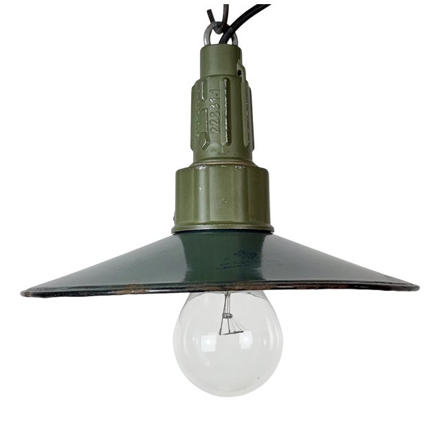Industrial Petrol Enamel Military Pendant Lamp with Cast Aluminium Top, 1960s For Sale