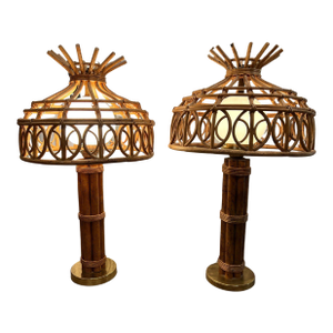 Vintage Bamboo Globe Table Lamps With Brass Base - Pair