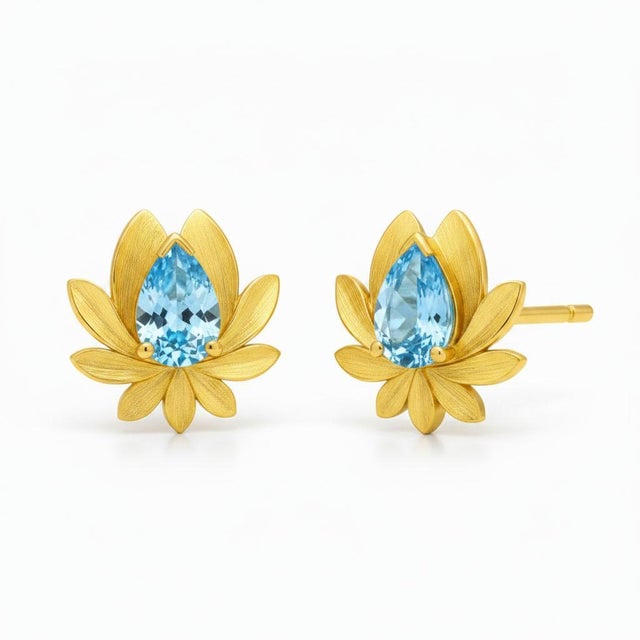 Sculptural Topaz Lotus Stud Earrings. Textured Lotus Flower Stud Earrings with Pear-Cut Topazes. Nature-Inspired Topaz...