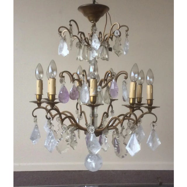 Beautiful antique chandelier frame with late 20th Century Quartz and Crystal drops.