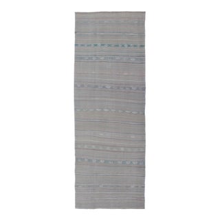 Soft-Toned Vintage Turkish Kilim Gallery Runner With Subtle Pastel Stripes and Geometric Accents 4'10"x14'5" For Sale