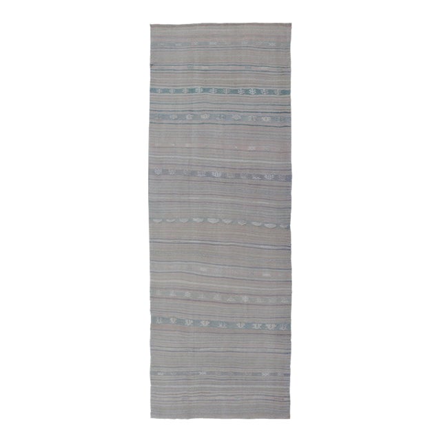 Soft-Toned Vintage Turkish Kilim Gallery Runner With Subtle Pastel Stripes and Geometric Accents 4'10"x14'5" For Sale