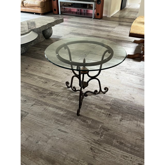 French Vintage French Style Wrought Iron Accent Table With Round Glass Top For Sale - Image 3 of 10