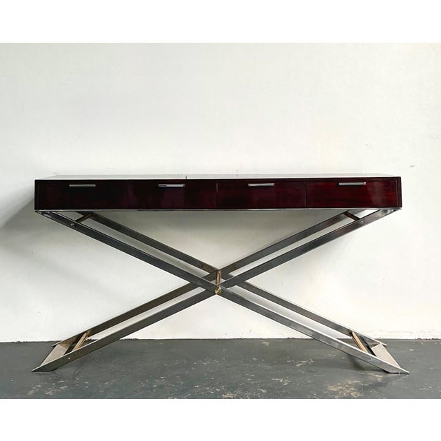 Mid-Century Modern Vintage Chrome and Wood Console Table With Brass Accents For Sale - Image 3 of 12