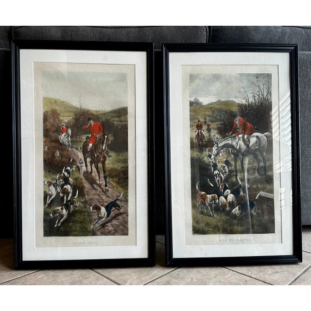 Original pair of engravings by Alfred Charles Havell (British, 1855-1928). Two Fox Hunting scenes, hand-colored engravings...