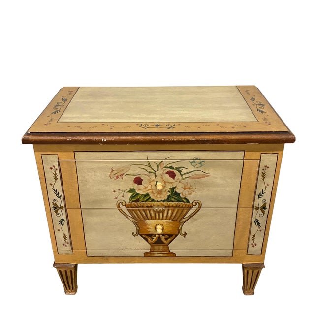 Neoclassical Vintage Hand-Painted Neoclassical Floral Urn Two-Drawer Accent Chest For Sale - Image 3 of 12