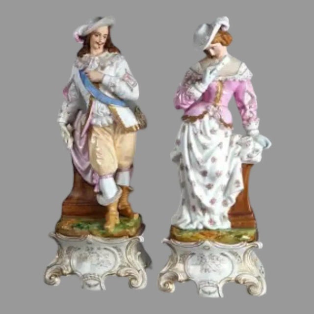 Antique Pair of French Porcelain Figural Statues & Plinths by G. R. Brevet, Circa 1880 For Sale - Image 4 of 12