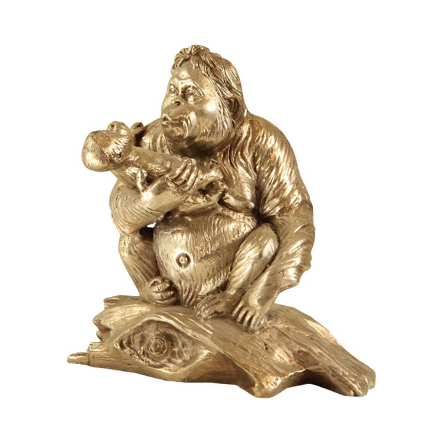 Silver Finish Bronze Statue of Mother & Baby Orangutan For Sale