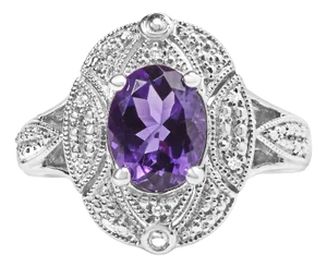.925 Sterling Silver 9x7mm Oval Purple Amethyst and Diamond Accent Art Deco Style Cocktail Ring (I-J Color, I1-I2 Clarity) - Size 5