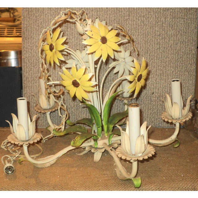 Metal Vintage French Italian Tole Metal Painted Daisy Chandelier For Sale - Image 7 of 9