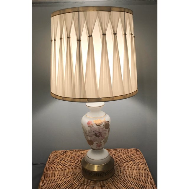 Hollywood Regency 1950’s Pink Floral Table Lamp Hand Painted With Nightlight and Shade For Sale - Image 3 of 9