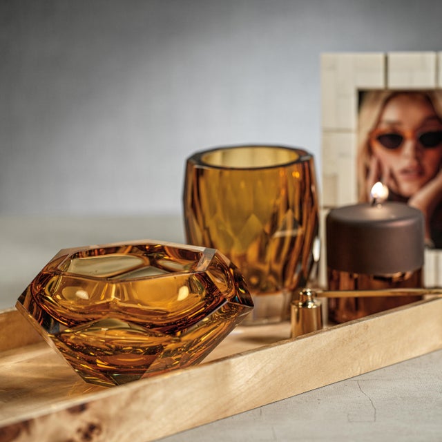 Contemporary Giacomo Hand Made Cut Polished Glass Vase/Hurricane, Amber For Sale - Image 3 of 4