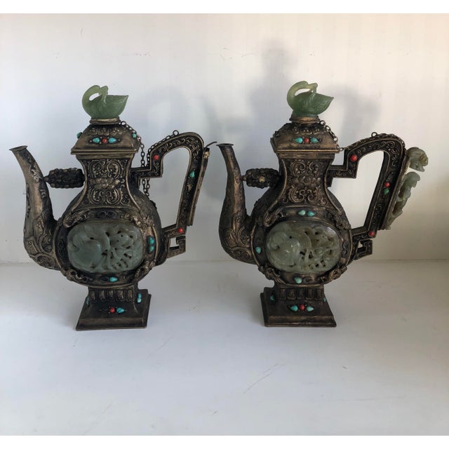 Antique Silver Jade Tibetan Wine Ewers Turquoise and Coral Decorated-A Pair For Sale - Image 11 of 11