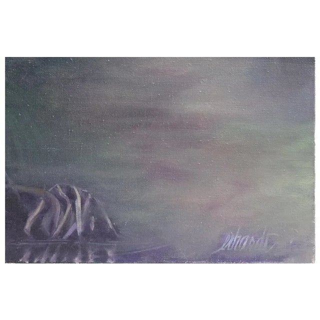 Oil painting of a Louisiana Bayou with a dove-gray mist revealing waterside shrubbery and indigo waters. Signed lower...
