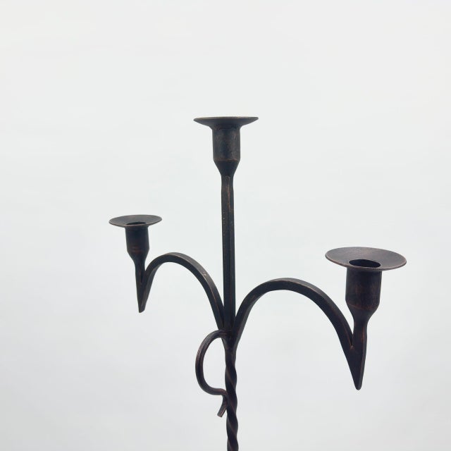 Hand Forged Iron Floor Candelabra 49″ (124cm) Antique Copper Patina 3-Arm Wide Base Stable Candle Holder Rustic Decor For Sale - Image 6 of 8