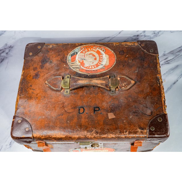 English Timeworn Antique English Leather Cunard Label Case Box Home Decor Prop Storage For Sale - Image 3 of 17