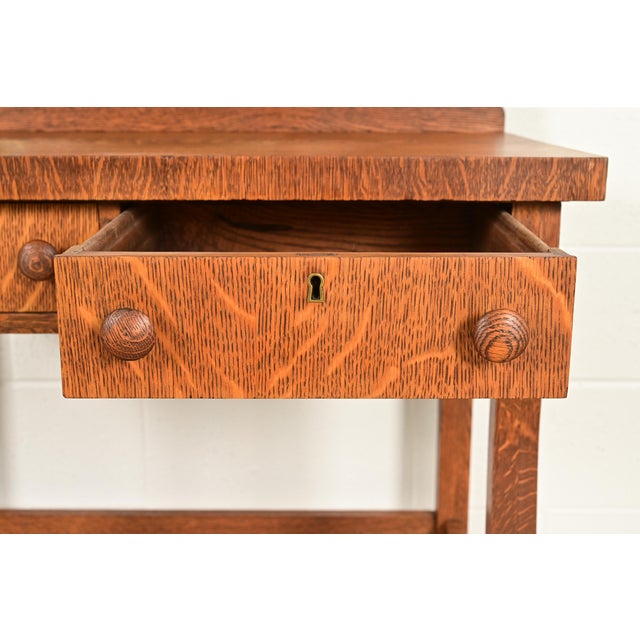 Wood Antique American Empire Tiger Oak Vanity Dressing Table With Mirror, Circa 1900 For Sale - Image 7 of 14