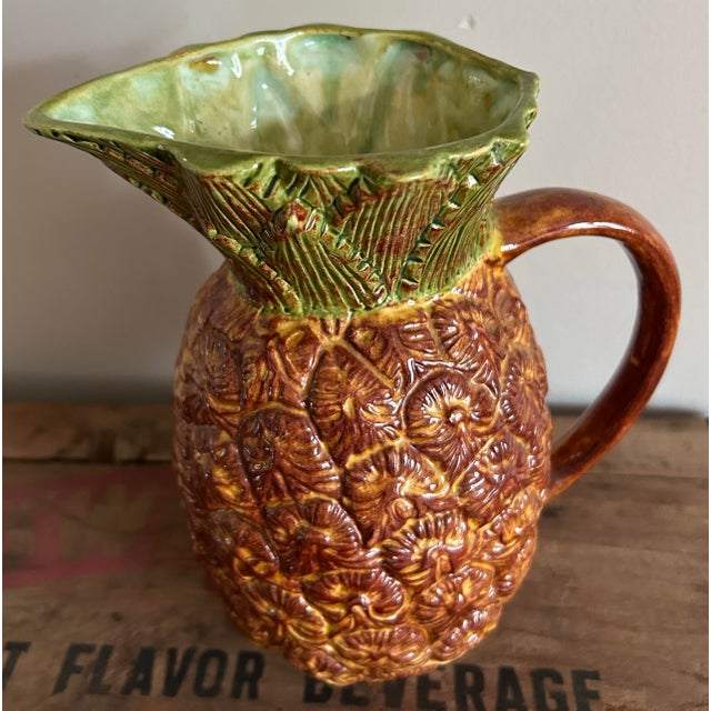 Vintage Figural Pineapple Glazed Pottery Pitcher For Sale - Image 4 of 8