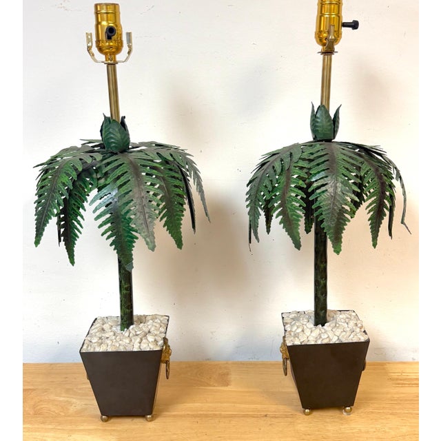 Pair of Hollywood Regency Polychromed Tole Palm Tree Topiary Lamps, Circa 1970s For Sale - Image 13 of 14
