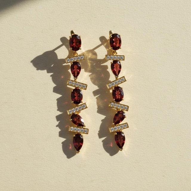 Modern Geometric Garnet Drop Earrings, Silver, Gold, Pair For Sale - Image 9 of 10