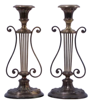 1980s Pair of Mottahedeh Brass Colonial Williamsburg Lyre Candlesticks
