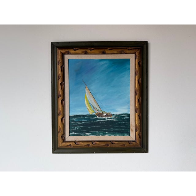 Coastal Vintage Sailboat Seascape Oil Painting on Board – Framed For Sale - Image 3 of 15