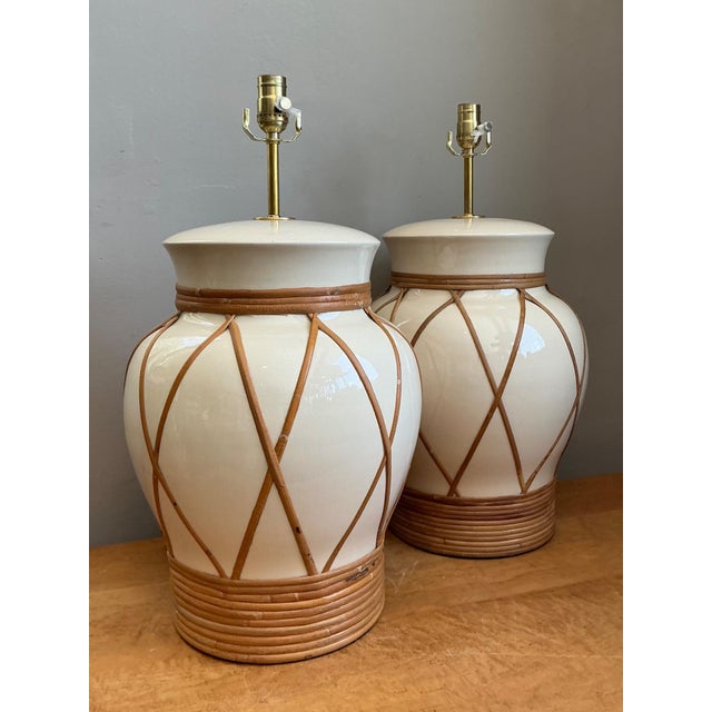 Mid 20th Century Vintage Ceramic and Rattan Table Lamps - Pair For Sale - Image 5 of 14